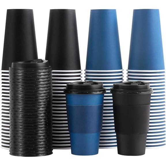 100 Pack 16 oz Disposable Coffee Cups with Lids and Sleeves, To Go Paper Cups, Hot & Cold Drinking Cups for Tea, Coffee, Water, Hot Chocolate, Paper Coffee Cups Ideal for Home,Cafes,Store