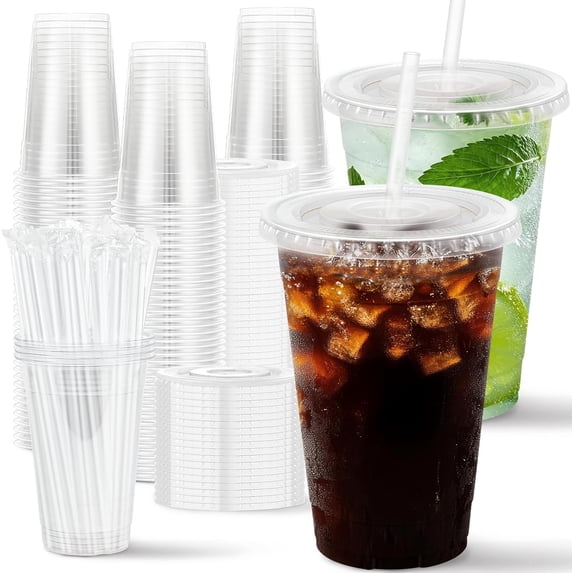 100 Pack 16 oz Disposable Plastic Cups with Lids and Straws, Clear ...