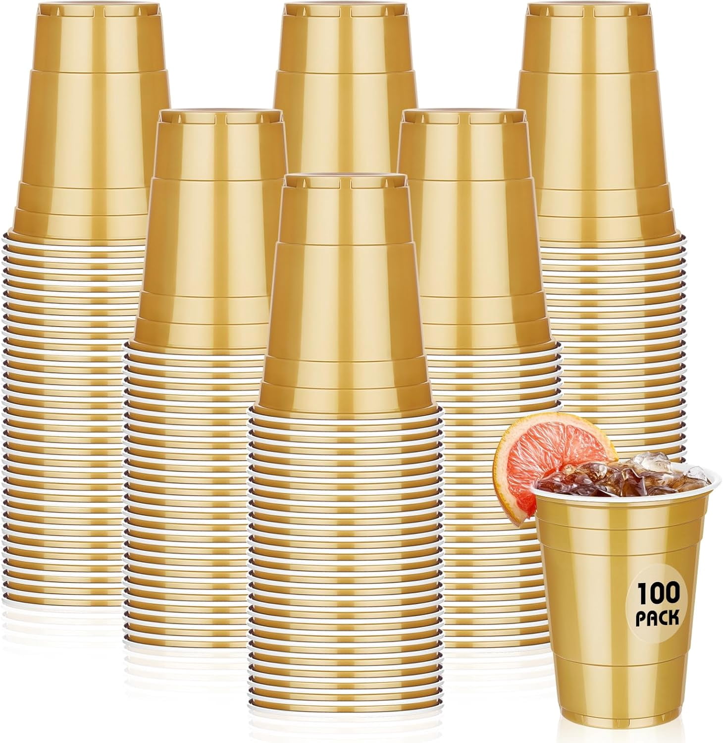 100 Pack 16 oz Gold Plastic Cups, Disposable Plastic Party Cups, Heavy Duty Drinking Water Cup for Wedding Birthday Graduation Valentine's Day Christmas Baby Shower Picnic Barbecues Supplies