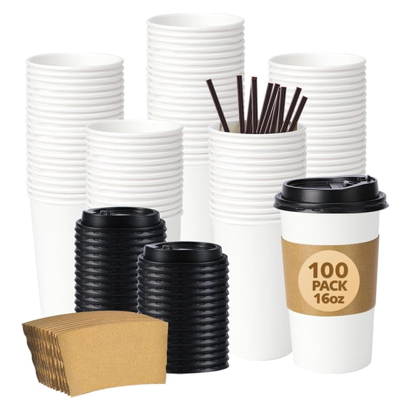 100 Pack 16 oz Paper Coffee Cups with Lids, Sleeves and Stirring Sticks, Disposable To Go Hot Travel Paper Cups for Parties, Coffee Bar, Picnic, Travel