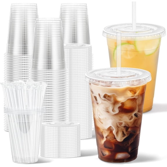 100 Pack 16 oz Plastic Cups with Lids and Straws, Disposable Clear Coffee Cups with Lids, Sturdy To Go Cups for Iced Coffee, Smoothies, Milkshake, Cold Drinks