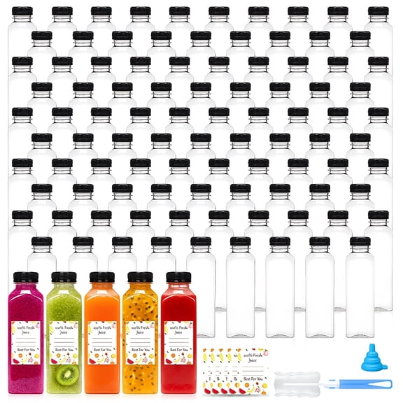 100 Pack 16oz PPSU Clear Plastic Juice Bottles With Black Lids, Reusable Empty Drink Containers For Christmas Thanksgiving Halloween Easter Birthday Party Picnic Travel Camping Homemade