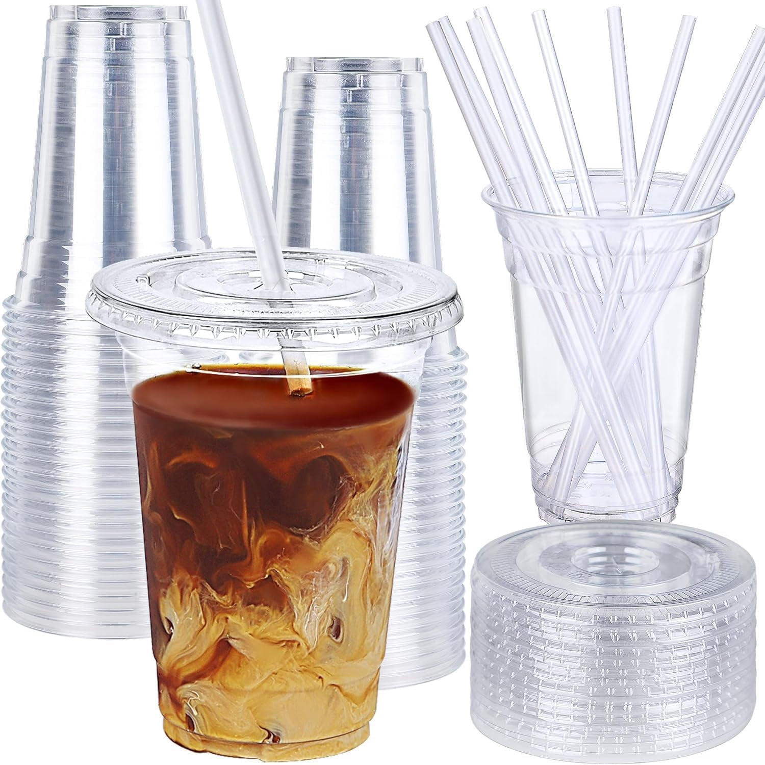100 Pack 16oz Plastic Cups with Lids and Straws, Disposable Clear Cups ...