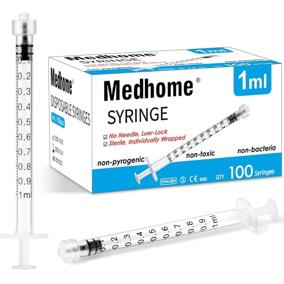 100 Pack 1mL Luer Lock Syringe (No Needle) , Sterile & Individually Wrapped, Professional, Industrial & Personal Use
