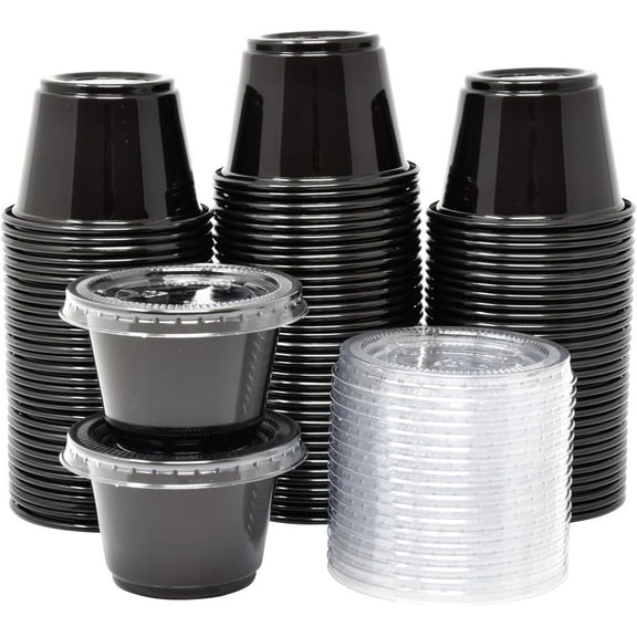 [100 Sets - 2.5 oz.] Black Jello Shot Cups with Lids | Small Plastic Containers with Lids | Sauce Cups, Condiment Cups, Disposable Portion Cups | Salad Dressing Container To Go