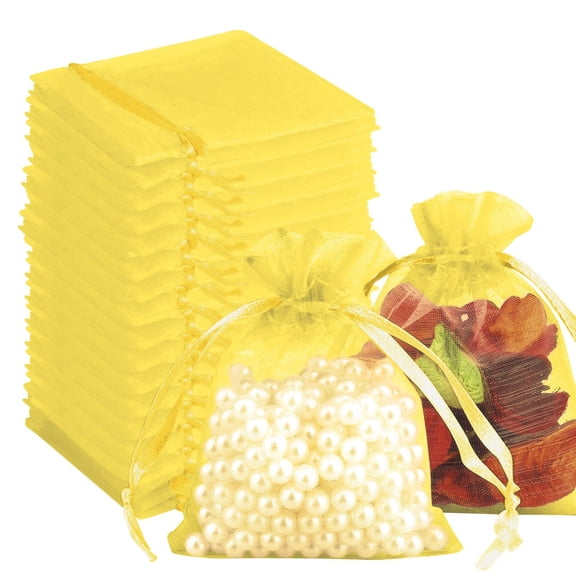 100 Pack 2.76"x3.54" Organza Bags Yellow, Drawstring Small Gift Candy Bags for Wedding Party Favor, Jewellery Lavender Pouch Bulk, Transparent Reusable, By Tanuke store