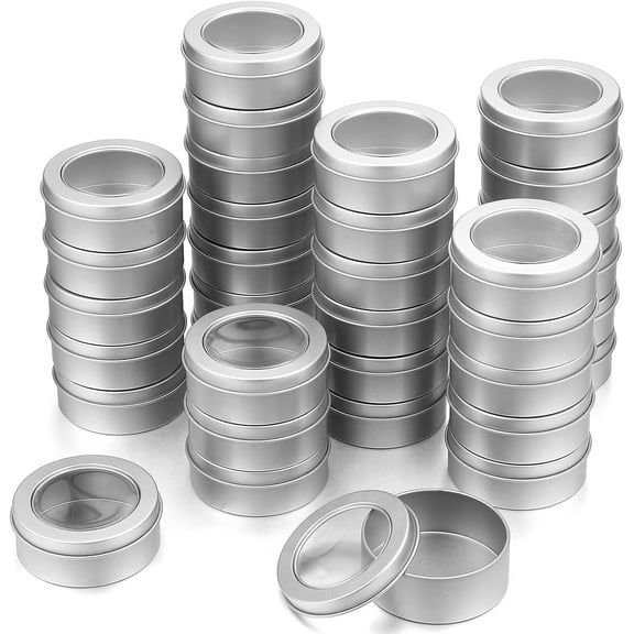 100 Pack 2 Ounce Metal Tin Cans Round Empty Container Salve Tins with Clear Lid for Kitchen, Office, Candles, Candies