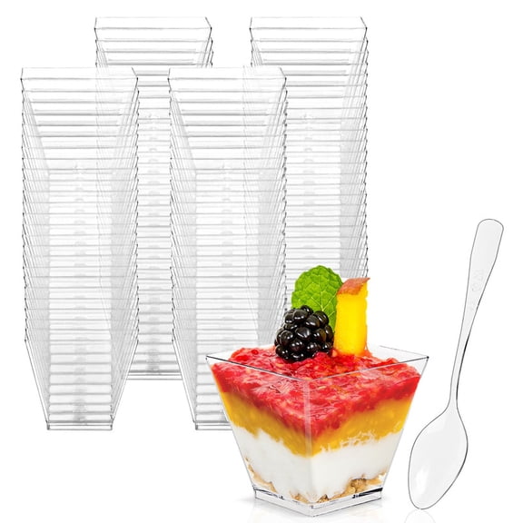 100 Pack 2 Oz Square Dessert Cups with Spoons, Mini Clear Plastic Tasting Cups, Disposable Appetizer Cups Dessert Bowls for Ice Cream, Candy, Salad, Jello, Pudding, Yogurt, Mousse