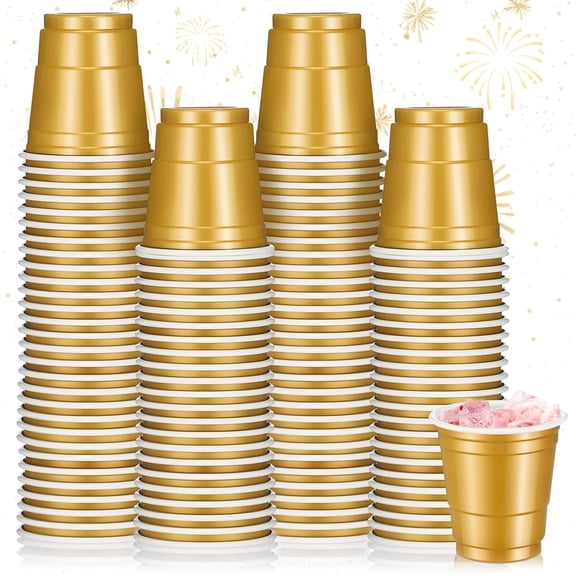 100 Pack 2 oz Plastic Shot Cups, Graduation Mini Disposable Shot Glasses 2 oz Party Cups for Graduation Wedding Party, Beer Taste Serving, Snacks(Gold)