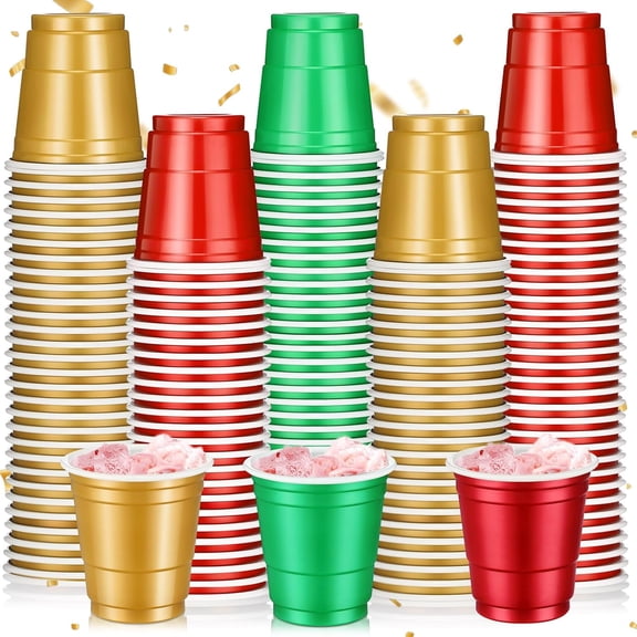 100 Pack 2 oz Plastic Shot Cups, Mini Disposable Shot Glasses 2 oz Wedding Party Cups for Bridal Shower Wedding Party, Beer Taste Serving, Snacks (Red Green Gold)