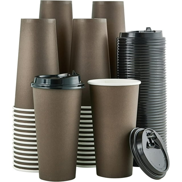 100 Pack 20 oz Brown Paper Coffee Cups with Lids Perfect for Hot