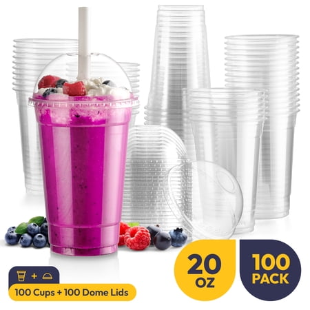 Fit Meal Prep 100 Pack 20 oz Disposable Plastic Coffee Cups with Dome Lids, To Go Iced Coffee Cups with Lids, BPA Free Clear Parfait Cups for Party, Smoothie, Bubble Boba, Juice, Milkshake