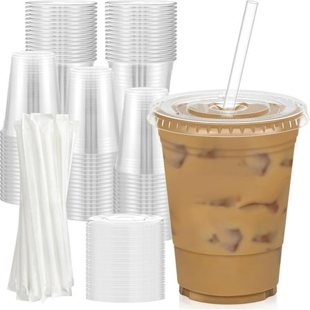 100 Pack - 20 oz Clear Plastic Cups with Lids and Straws, Sturdy & Food Safe Iced Coffee Cups with lids, Disposable Plastic Smoothie Cups for Cold Drinks