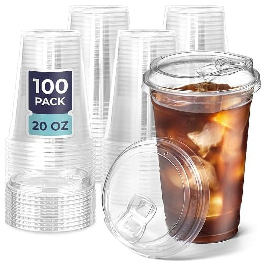 [100 Pack] 20 oz Clear Plastic Cups with Strawless Sip Lids, Disposable Plastic Coffee Cups with Lids, To Go Cups for Iced Coffee, Smoothies, Soda, Party Drinks, Bubble Tea, Cold Beverage