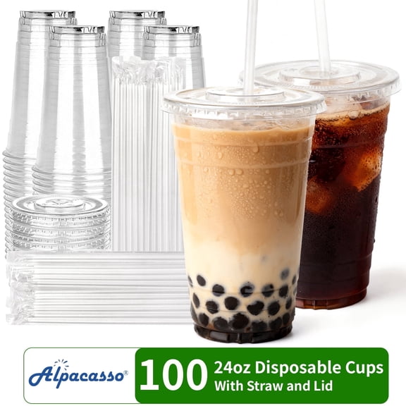 100 Pack - 24 oz Clear Plastic Cups with Lids and Straws ,Sturdy & Food Safe Disposable Cups