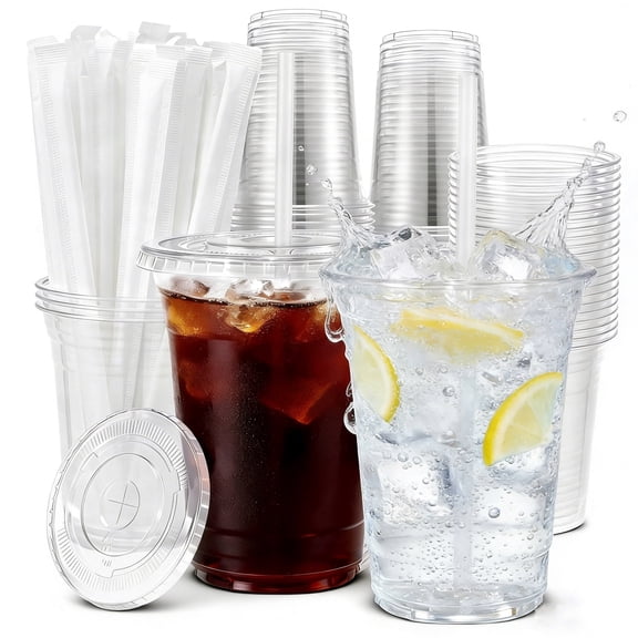 20oz Clear Plastic Cups with Lids and Straws - 100 Pack Disposable Iced Coffee Cups，To Go Cups for Party , Dinner, Hiking