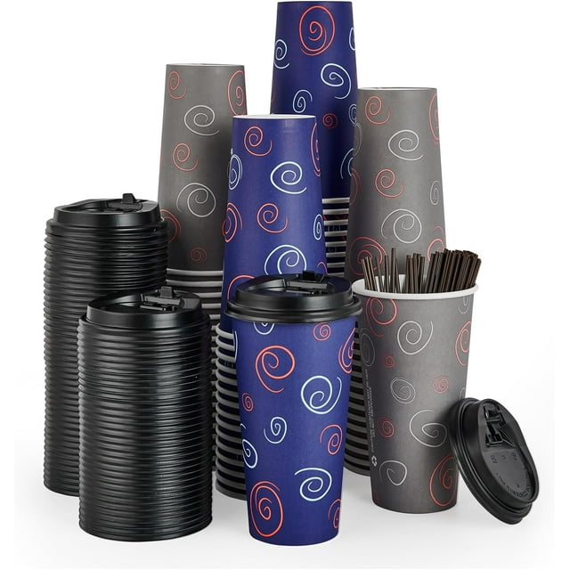 100 Pack 20 oz Paper Cups - Disposable Coffee Cups with Lids and Straws ...