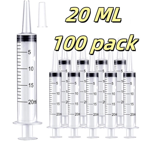 100 Pack 20ml/cc Plastic Syringe Large Syringes Tools Catheter Tip Individually Sealed with Measurement for Scientific Labs, Measuring Liquids, Feeding Pets, Oil or Glue Applicator