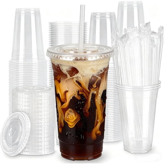 100 Pack 20oz Clear Plastic Cups with Lids and Straws, Large Leak-Proof Disposable Cups for Iced Coffee, Smoothies & Bubble Tea  BPA-Free Recyclable PET To-Go Cups