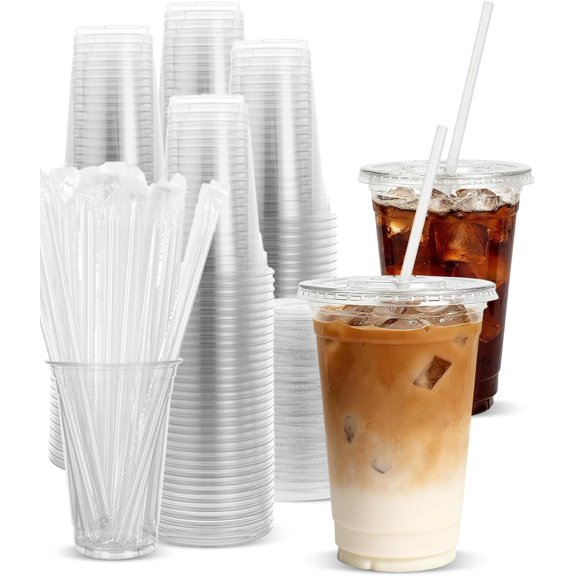 100 Pack 20oz Plastic Cups with Lids and Straws, Clear Disposable Iced Coffee Cups, Food Safe Cold Drink Cups for Bubble Tea, Smoothies & Shakes, BPA Free