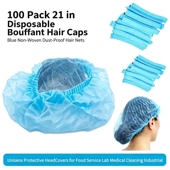 100 Pack 21 in Disposable Bouffant Hair Caps, Blue Non-Woven Dust-Proof Hair Nets, Unisex Protective Head Covers for Food Service Lab Medical Cleaning Industrial