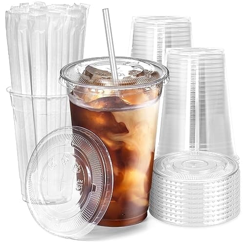 Fit Meal Prep 100 Pack 24 oz Plastic Iced Coffee Cups with Flat Lids and Clear Straws, Disposable Clear Cup, BPA Free Cup for Party, Smoothie, Cold Drinks, Juice, Milkshake, Bubble Boba, Tea
