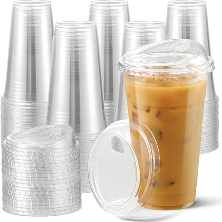 100 Pack 24 oz Disposable Plastic Cups With Strawless Sip-Lids, Clear Plastic Iced Coffee Cups Go for Drinks, Bubble Tea, Cold Beverage - BPA Free