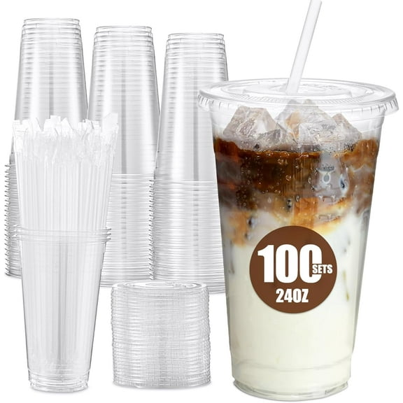 100 Pack 24 oz Clear Plastic Cups with Lids and Straws, Sturdy & Food Safe Iced Coffee Cups, Disposable To Go Cups for Cold Drinks, Coffee, Smoothies