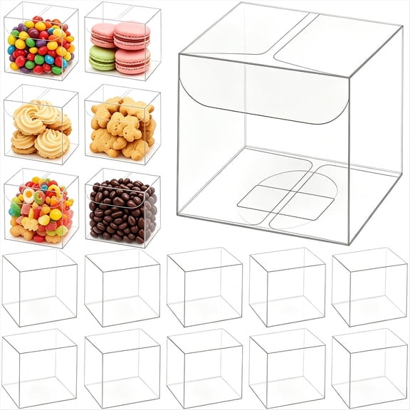 100 Pack 2x2x2 Inches Clear Favor Boxes, Mini Transparent Cube Treat Boxes for Candy and Chocolate Bomb, Plastic Individual Macaron Packaging Box for 2