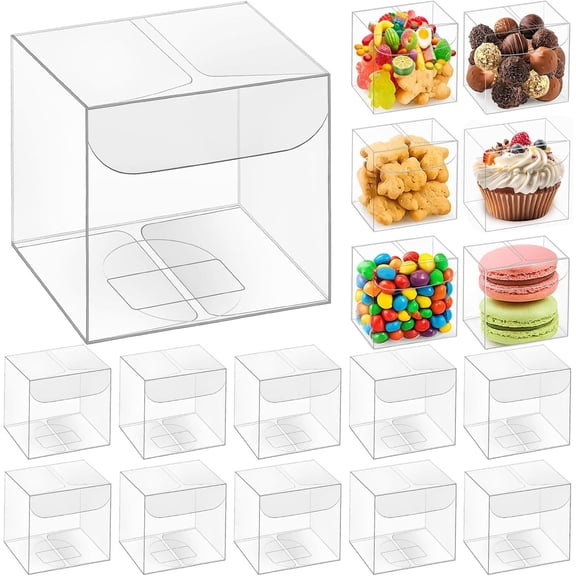 100 Pack 2x2x2 Inches Clear Favor Boxes, Mini Transparent Cube Treat Boxes for Candy and Chocolate Bomb, Plastic Individual Macaron Packaging Box for 2