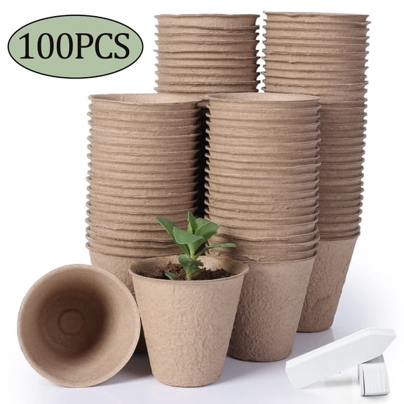 100 Pack 3.15 Inch Peat Seed Starter Pots, Biodegradable Nursery Pots with Plant Labels for Outdoor Garden Germination