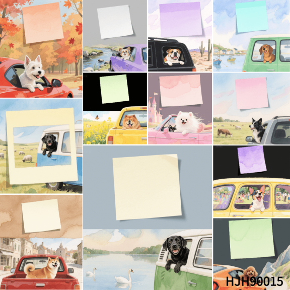 100-pack 3.54x3.54 Inch Note Cards with Dog Sticking Out of Car Window Theme - 100 Round Double-Sided Tapes Included, Exquisite Mini Cards for Emotional Notes