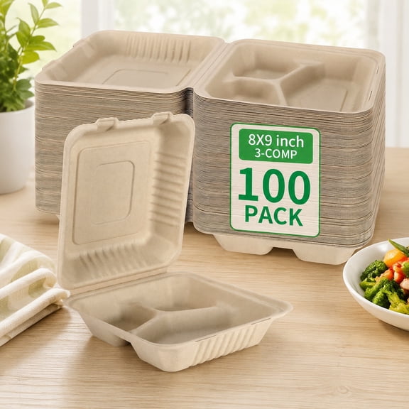 100 Pack 3 Compartment Compostable 8x9 Inch Takeout Lunch Box Containers with Lid, Disposable Eco-Friendly Biodegradable Bagasse Clamshell, PFAS-Free, Brown