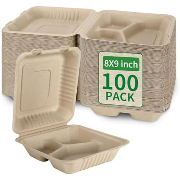 100 Pack 3 Compartment Compostable 8x9 Inch Takeout Lunch Box Containers with Lid To Go Take Out Clamshell for Food, Disposable Eco-Friendly Biodegradable Bagasse, PFAS-Free, Brown