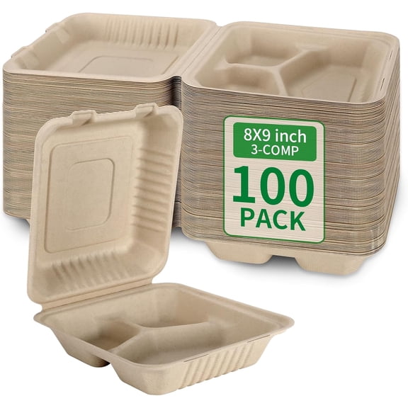100 Pack 3 Compartment Compostable 8x9 Inch Takeout Lunch Box Containers with Lid To Go Take Out Clamshell for Food, Disposable Eco-Friendly Biodegradable Bagasse, PFAS-Free, Brown