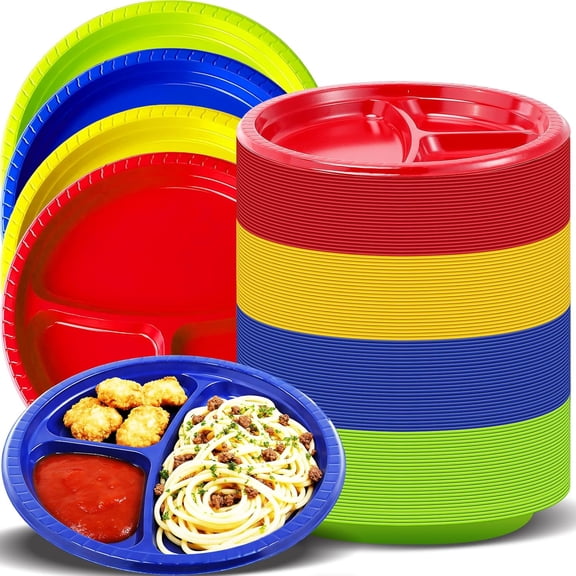 100 Pack 3 Compartments Divided Plastic Plates, 10 Inch Colorful Disposable Plastic Plates with Dividers, Heavy Duty Round Dinner Plate Dinnerware Bulk for Wedding Birthday Party (Multicolor)