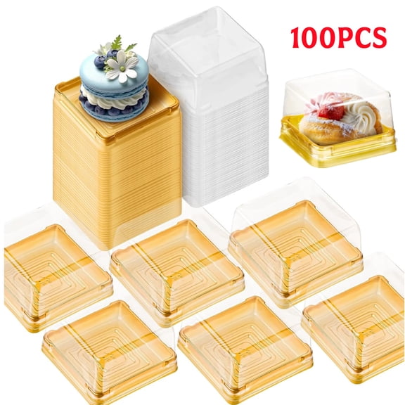 100 Pack 3" Square Mini Cake Containers, Mooncake Box Mini Cupcake Boxes with Gold Bottom, Muffin Pod Dome Single Container for Cookies, Cheesecake, Mooncake, Dessert