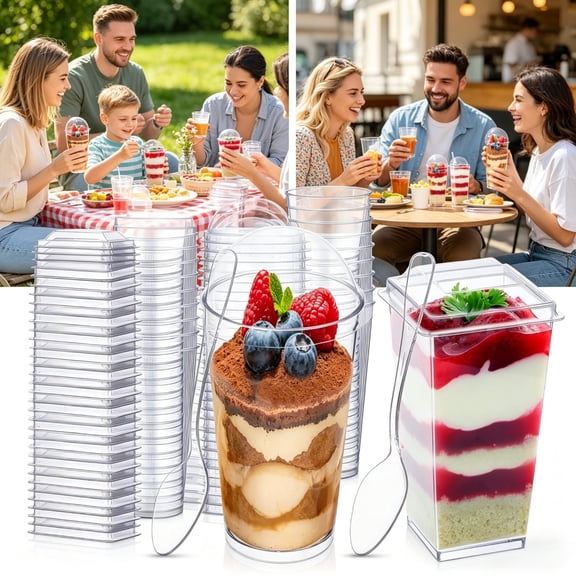 100 Pack 3 oz Mini Dessert Cups with Lids and Spoons, Square Clear Plastic Shooter Cups and Disposable Parfait Containers, Round Reusable Dessert Cake Containers for Parties, Appetizers and Pudding