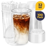 Fit Meal Prep 100 Pack 32 oz Plastic Iced Coffee Cups with Flat Lids and Clear Straws, Disposable Clear Cup, BPA Free Cup for Party, Smoothie, Cold Drinks, Juice, Milkshake, Bubble Boba, Tea