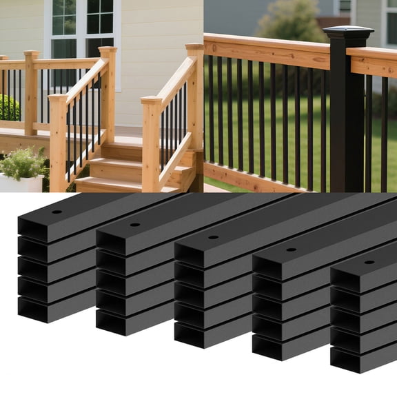 100-Pack 36'' Deck Balusters, Black Metal Deck Spindles with Screws & End Caps, Hollow Rectangle Stair Railing Balusters for Decks, Porches, Fences