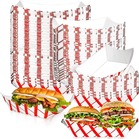 100 Pack 3lb Paper Food Trays,Disposable Greaseproof Kraft Checkered Carnival Food Serving Take Out Basket Tray Boat for Snacks Fries Nachos Popcorn Hot Dogs Carnival Wedding Party Picnic