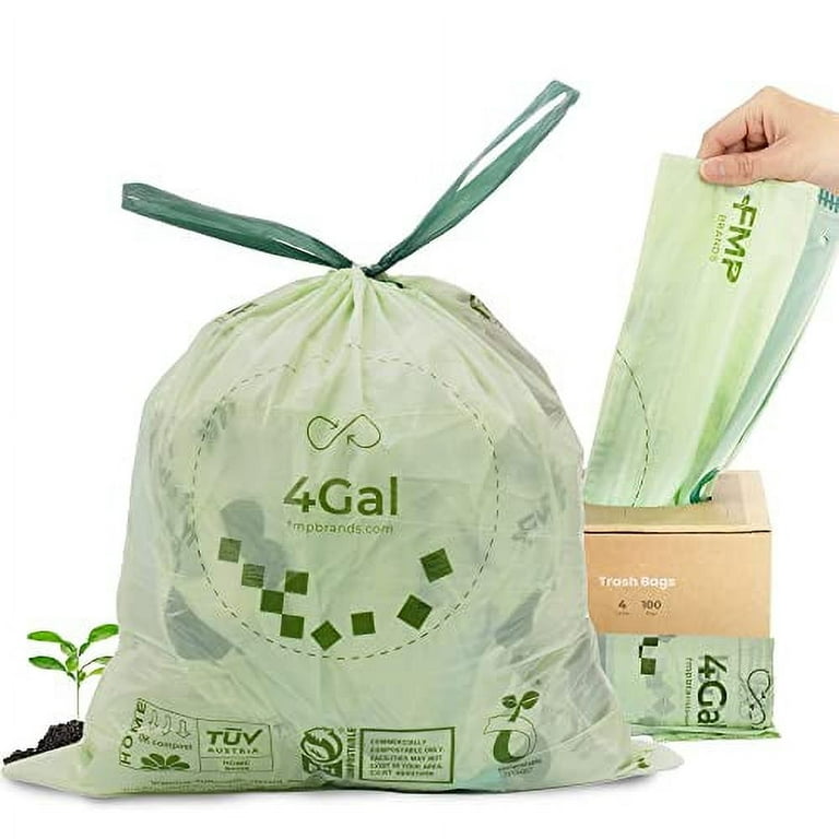 100 Pack] 4 Gallon Compostable Trash Bags - Drawstring Unscented  Biodegradable Small Garbage Bags for Bathroom and Food Scrap, BPI & OK  Compost Certified, ASTM D6400 Compliant - Extra Thick 20um 