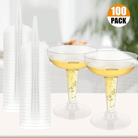 100-Pack 4-Ounce Clear Plastic Stemmed Cups, Disposable Coupe Cocktail Glasses for Parties, Weddings and Celebrations