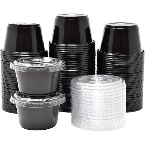[100 Sets - 4 oz.] Black Jello Shot Cups with Lids | Small Plastic Containers with Lids | Sauce Cups, Condiment Cups, Disposable Portion Cups | Salad Dressing Container To Go