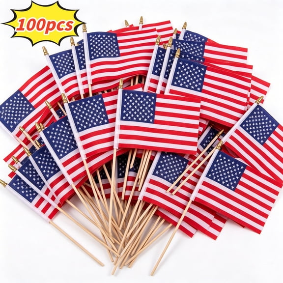 100 Pack 4"x6" American Wooden Stick Flags, Handheld USA Patriotic Decorations for Outdoor BBQ, Independence Day Parade & July 4th Party Supplies
