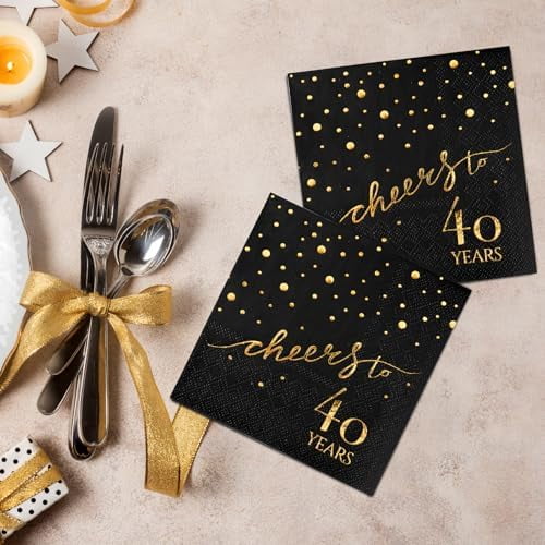 100 Pack of 40th Birthday Napkins, Cheers to 40 Cocktail 5x5 Inches Party Paper Napkins for Birthday Decorations Wedding Anniversary Black and Gold, 3-Ply