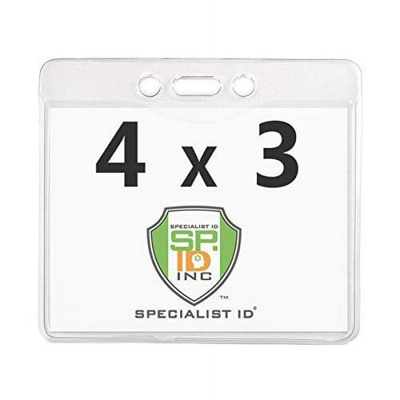 100 Pack - 4X3 Name Badge Holder - Heavy Duty Clear Plastic Horizontal 4 x 3 Name Tag Lanyard Holder for Conference, Convention & Events by Specialist ID