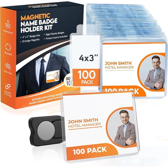 100 Pack of 4x3 Name Badge Holders (White Printable Inserts Included) Customizable Name Tags for Office, Conventions, School, and Events - Durable and Clear Plastic Name Tag Holder