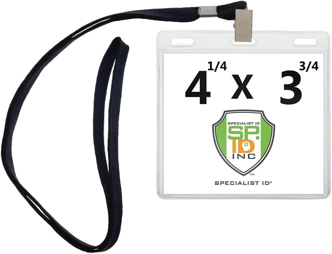 100 Pack -4x3 Nametag Holder with Lanyard - Horizontal - Premium 4 x 3 Event Badge Holders with Lanyards - Extra Room Pouch - Large Name Tags for Events, (up to 3 3/4 x 4 1/4) Specialist ID (Black)