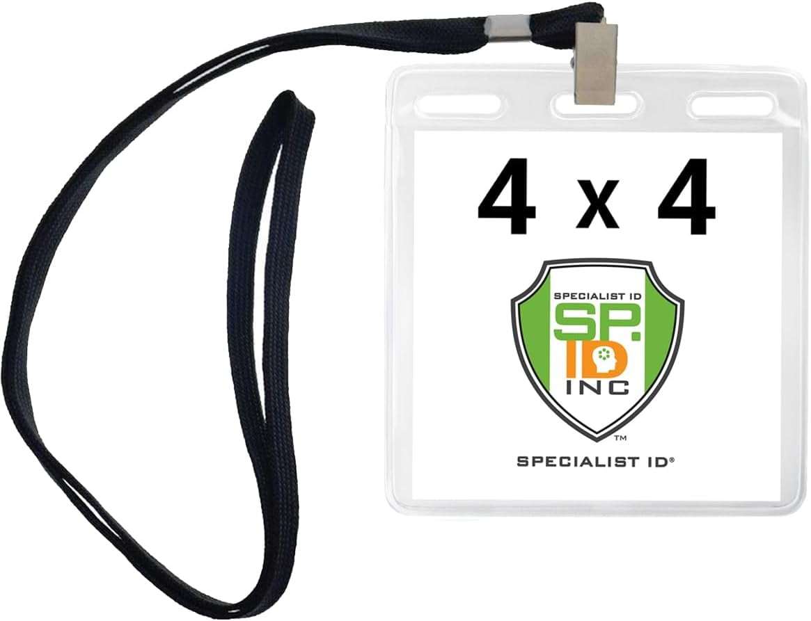 100 Pack - 4x4 Badge Holder with Lanyard - Premium 4x4 Lanyard with Bulldog Clip & ID Holder In One - Horizontal Plastic Vinyl Name Tag Protector Sleeves for 4X3 or 3x4 Badges by Specialist ID (Black)